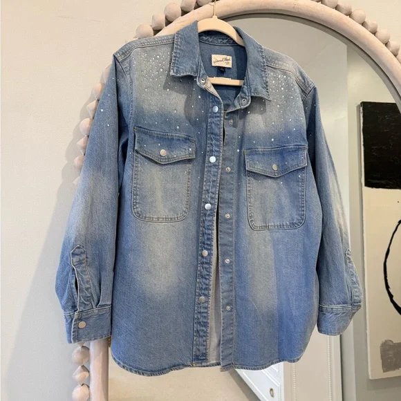 Universal Thread Light Blue Denim Button-Up Shirt with Rhinestones - Picture 1 of 2